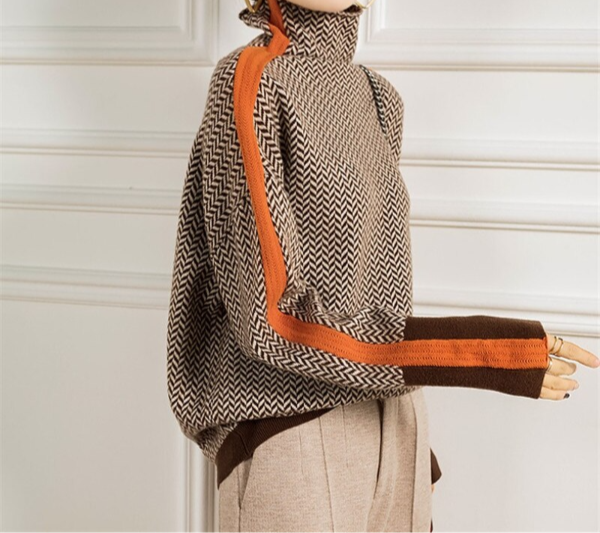 Contrast stripe turtleneck sweater, zigzag knit with orange trim at collar and cuffs