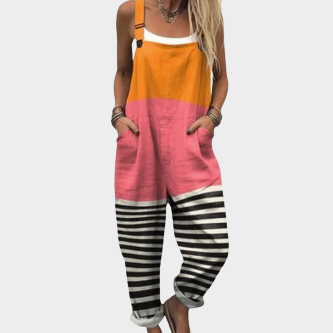 Color-block relaxed fit overall jumpsuit, orange top, pink center, black-and-white striped legs