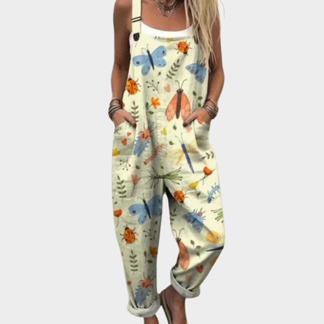 Relaxed fit overall jumpsuit with colorful insect print on light yellow fabric
