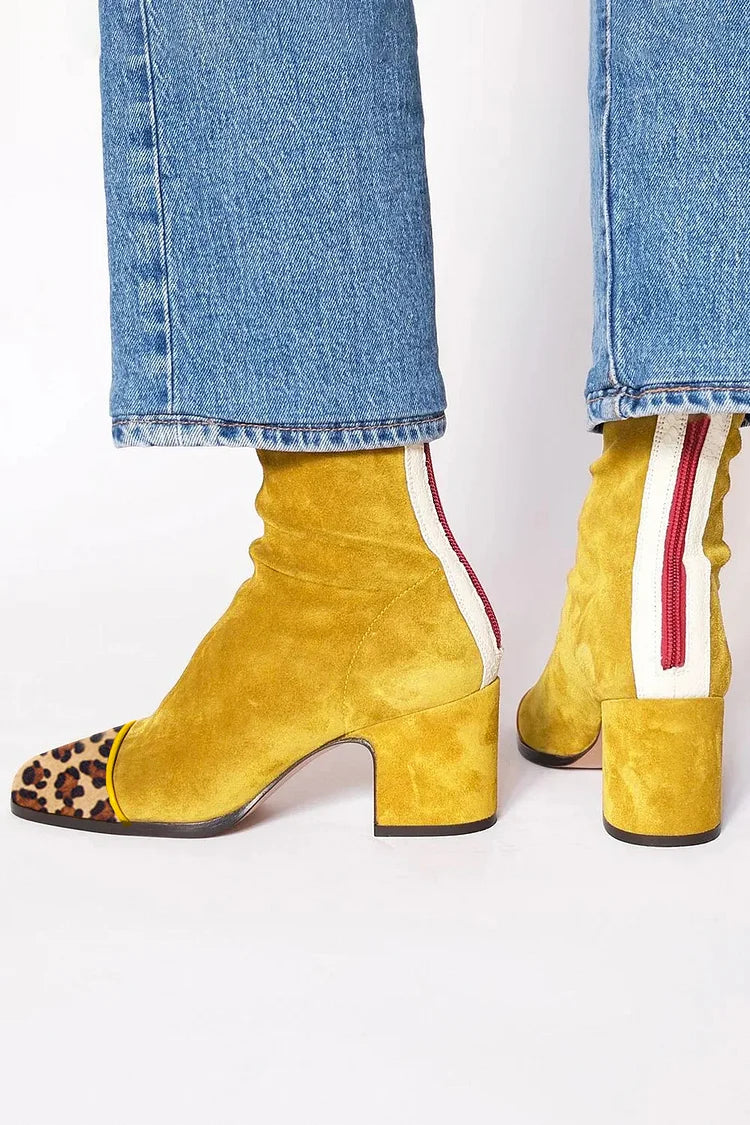 Yellow suede ankle boots with block heel and side zipper, leopard-pattern toe cap