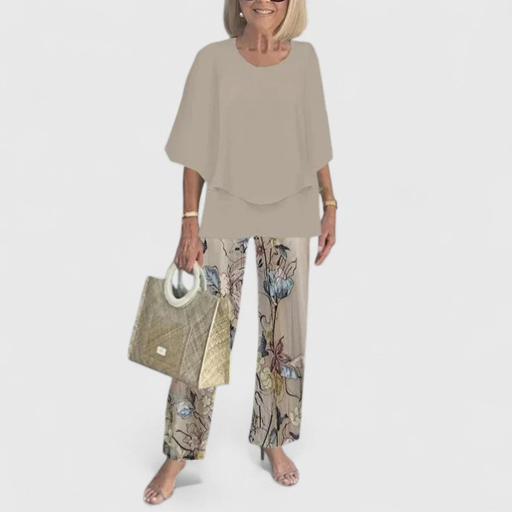 Two-piece blouse and trouser set with taupe blouse and floral-print trousers