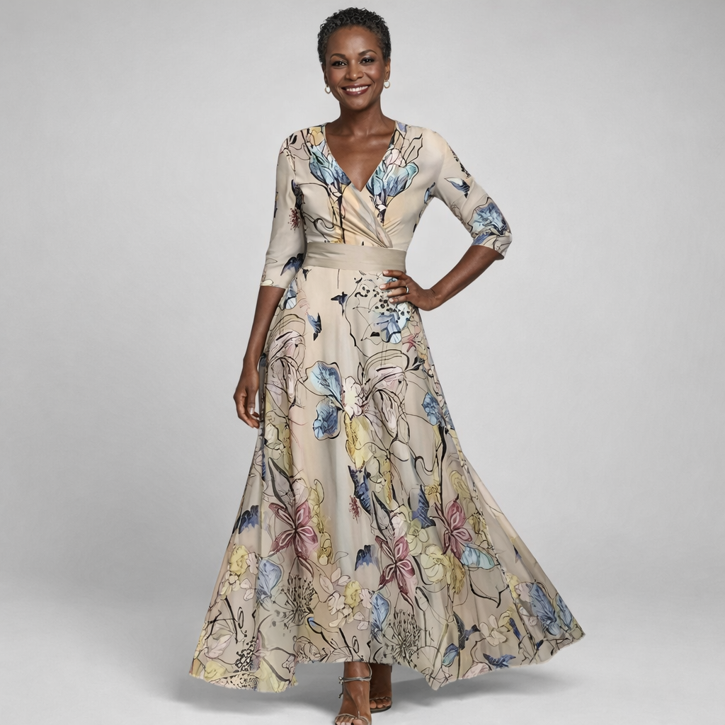 Floral wrap V-neck maxi dress in beige with multicolor floral print, 3/4 sleeves