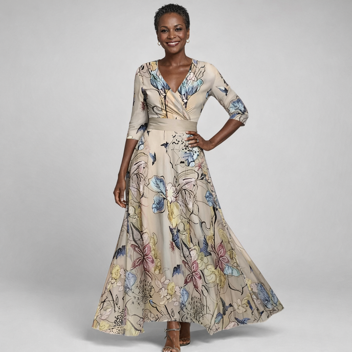 Floral wrap V-neck maxi dress in beige with multicolor floral print, 3/4 sleeves