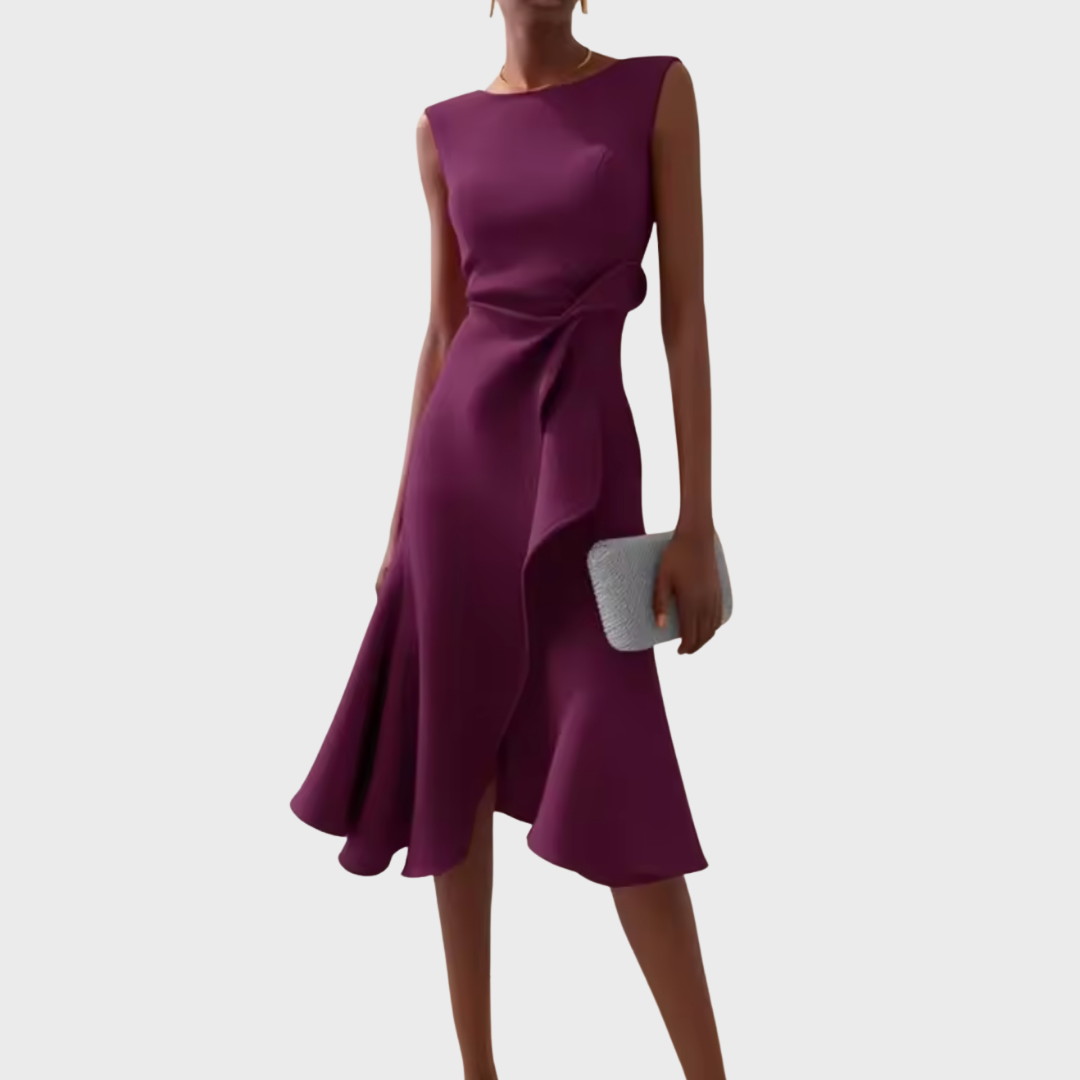Plum asymmetric draped midi dress, sleeveless with knot at waist and flared skirt