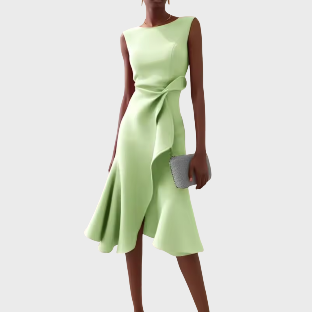 Light green asymmetric draped midi dress, sleeveless with knot at waist and flared skirt