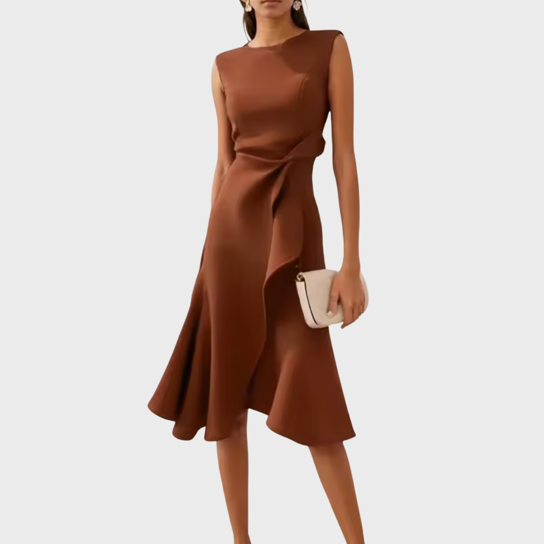 Coffee brown asymmetric draped midi dress, sleeveless with knot at waist and flared skirt