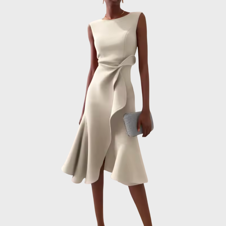 Cream asymmetric draped midi dress, sleeveless with knot at waist and flared skirt