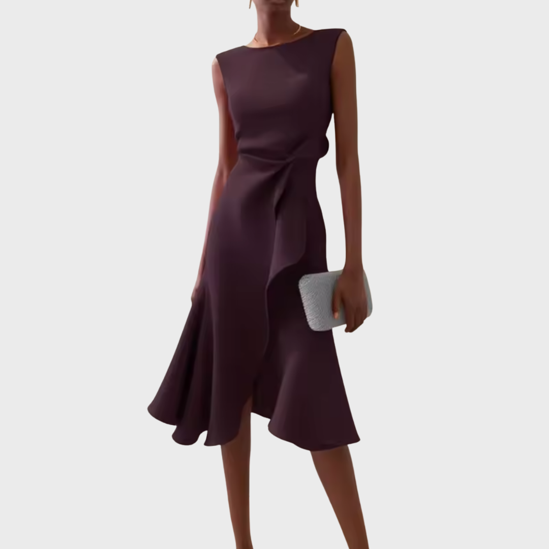 Plum asymmetric draped midi dress, sleeveless with gathered waist detail