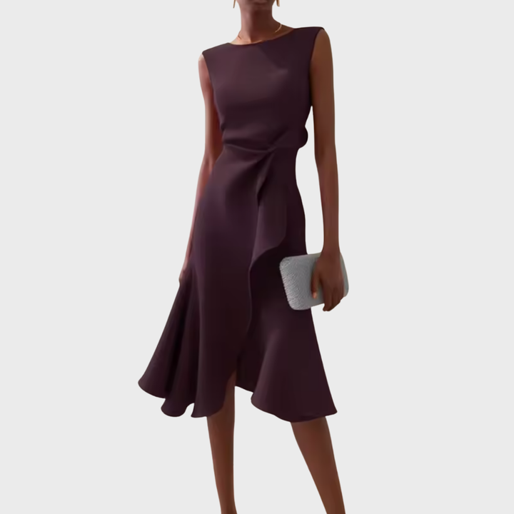 Plum asymmetric draped midi dress, sleeveless with gathered waist detail
