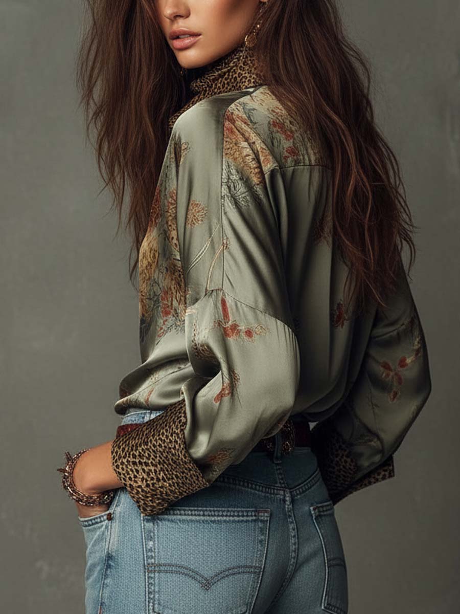 Women’s Satin Floral Shirt Leopard Trim