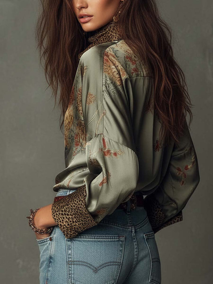 Women’s Satin Floral Shirt Leopard Trim