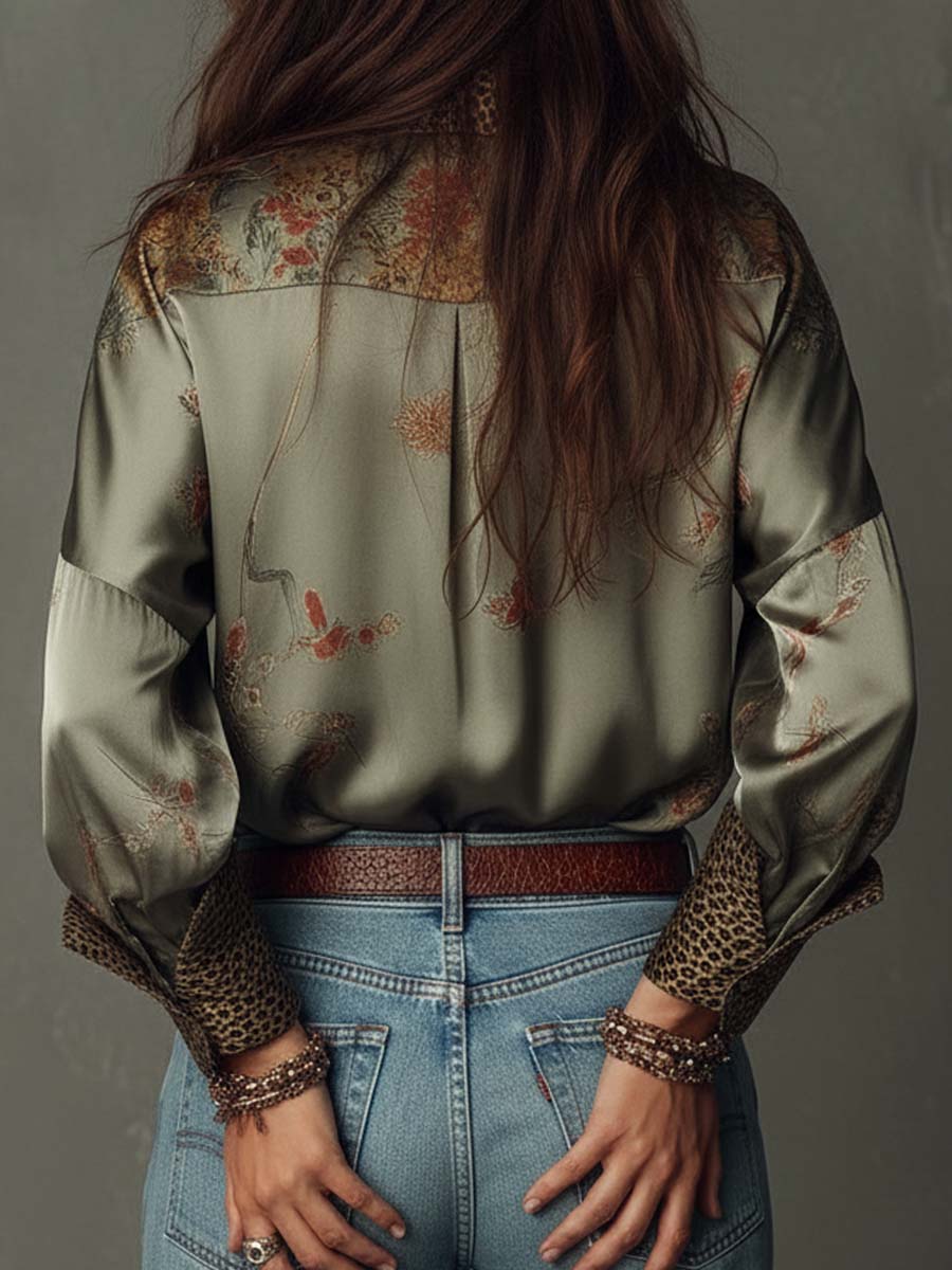 Women’s Satin Floral Shirt Leopard Trim
