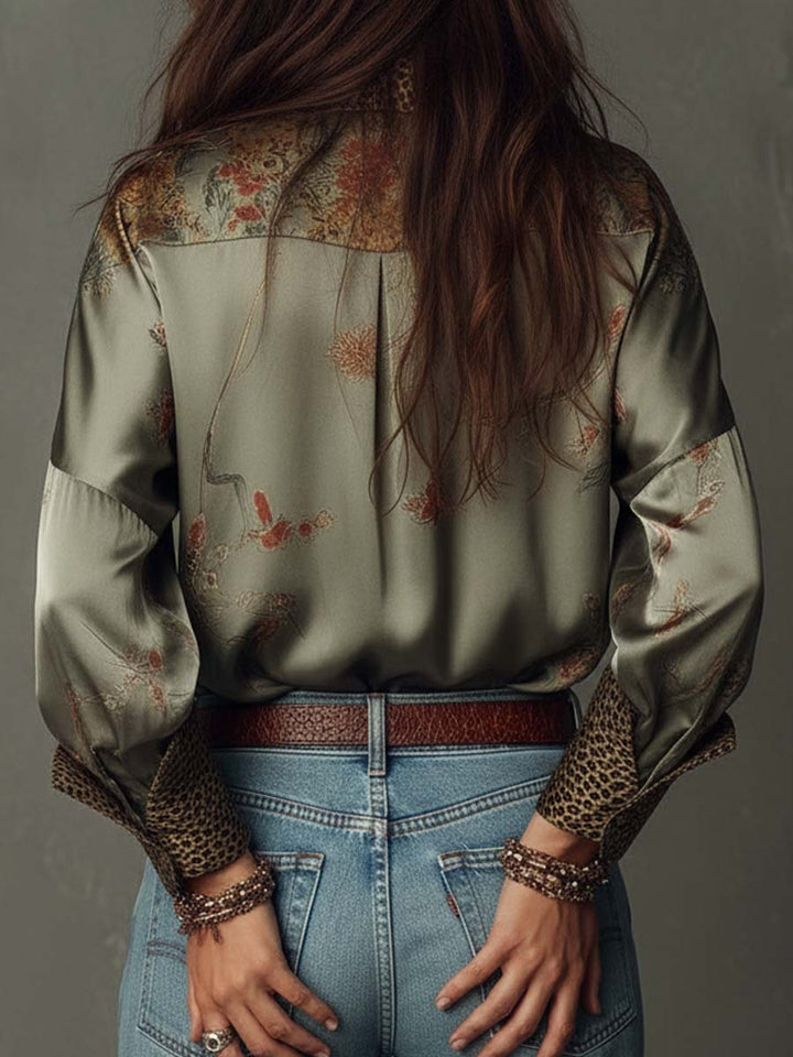 Women’s Satin Floral Shirt Leopard Trim