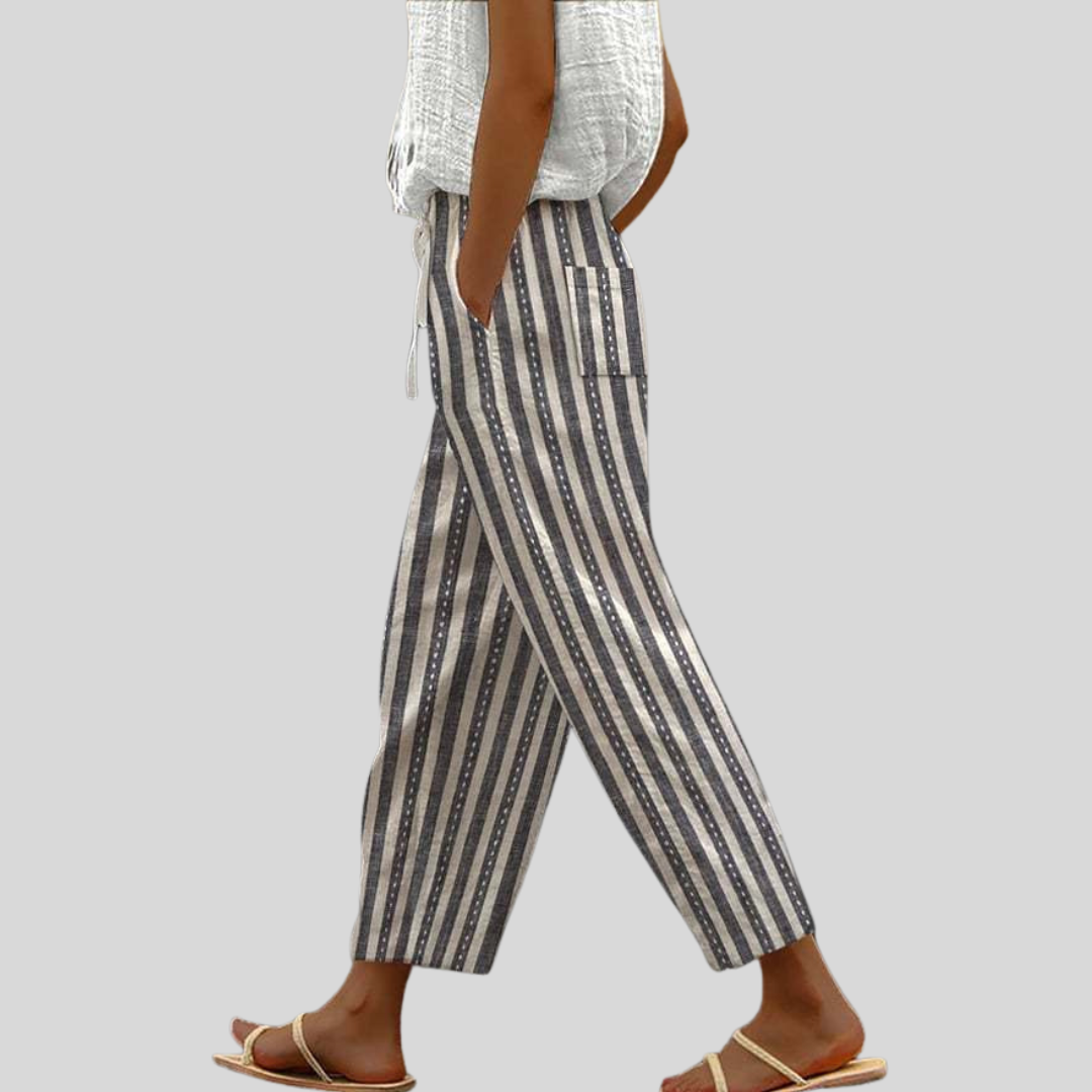 Striped casual pants with vertical navy and beige stripes, drawstring waist and cuffed hem.