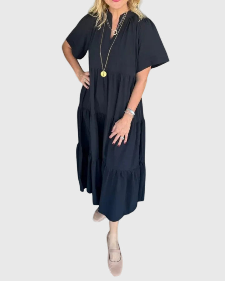 Sabrina tiered relaxed maxi dress in black, V-neck, tiered ruffle hem