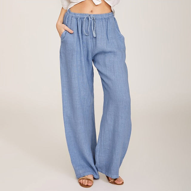 Light blue wide-leg lounge pants, elastic drawstring waist, full length