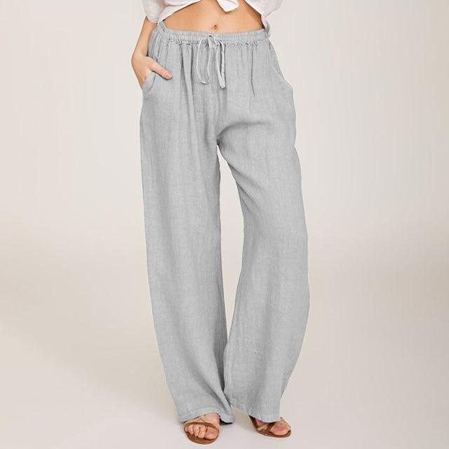 Light gray wide-leg lounge pants with elastic drawstring waist, relaxed fit