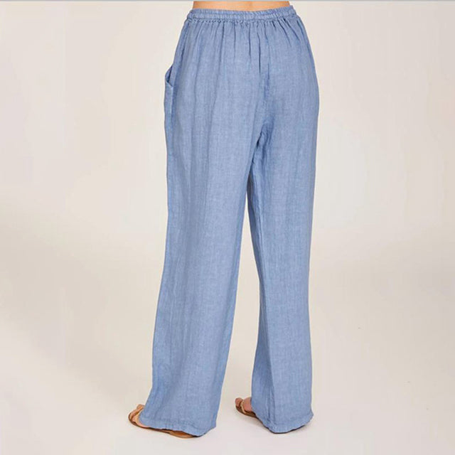 Light blue wide-leg lounge pants, elastic drawstring waist, back view