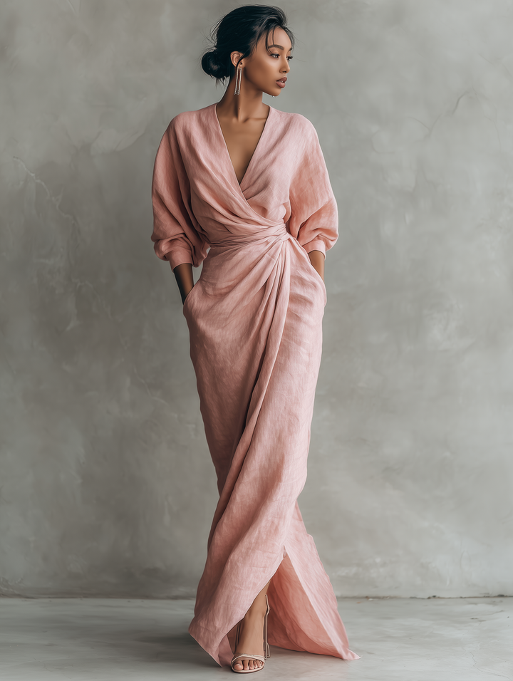 Women’s V-Neck Linen Blend Maxi Dress