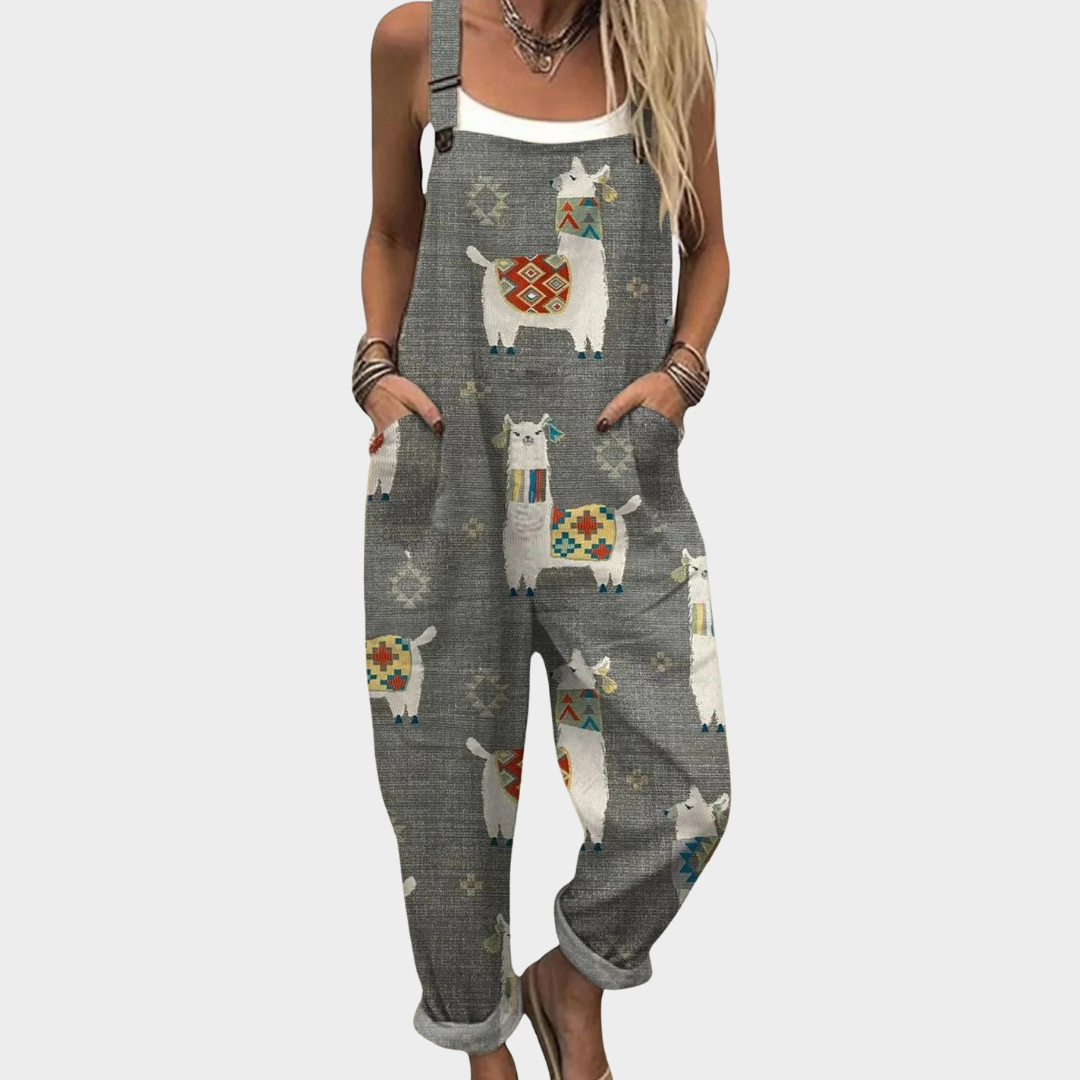 Relaxed fit overall jumpsuit in dark gray with colorful llama and cat prints, front pockets