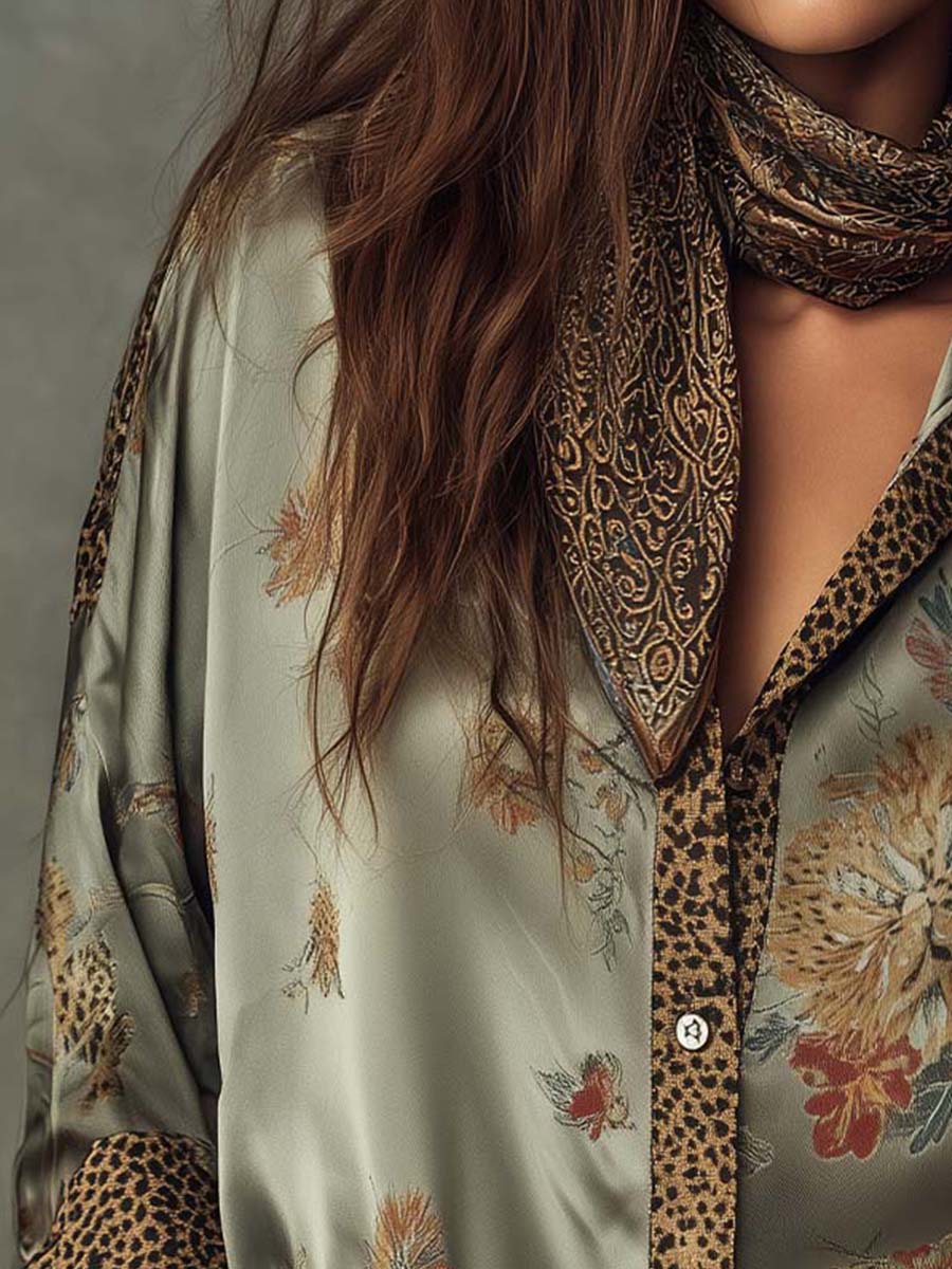 Women’s Satin Floral Shirt Leopard Trim