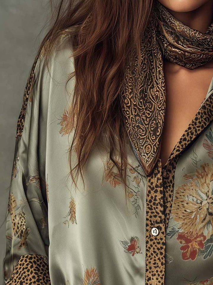 Women’s Satin Floral Shirt Leopard Trim