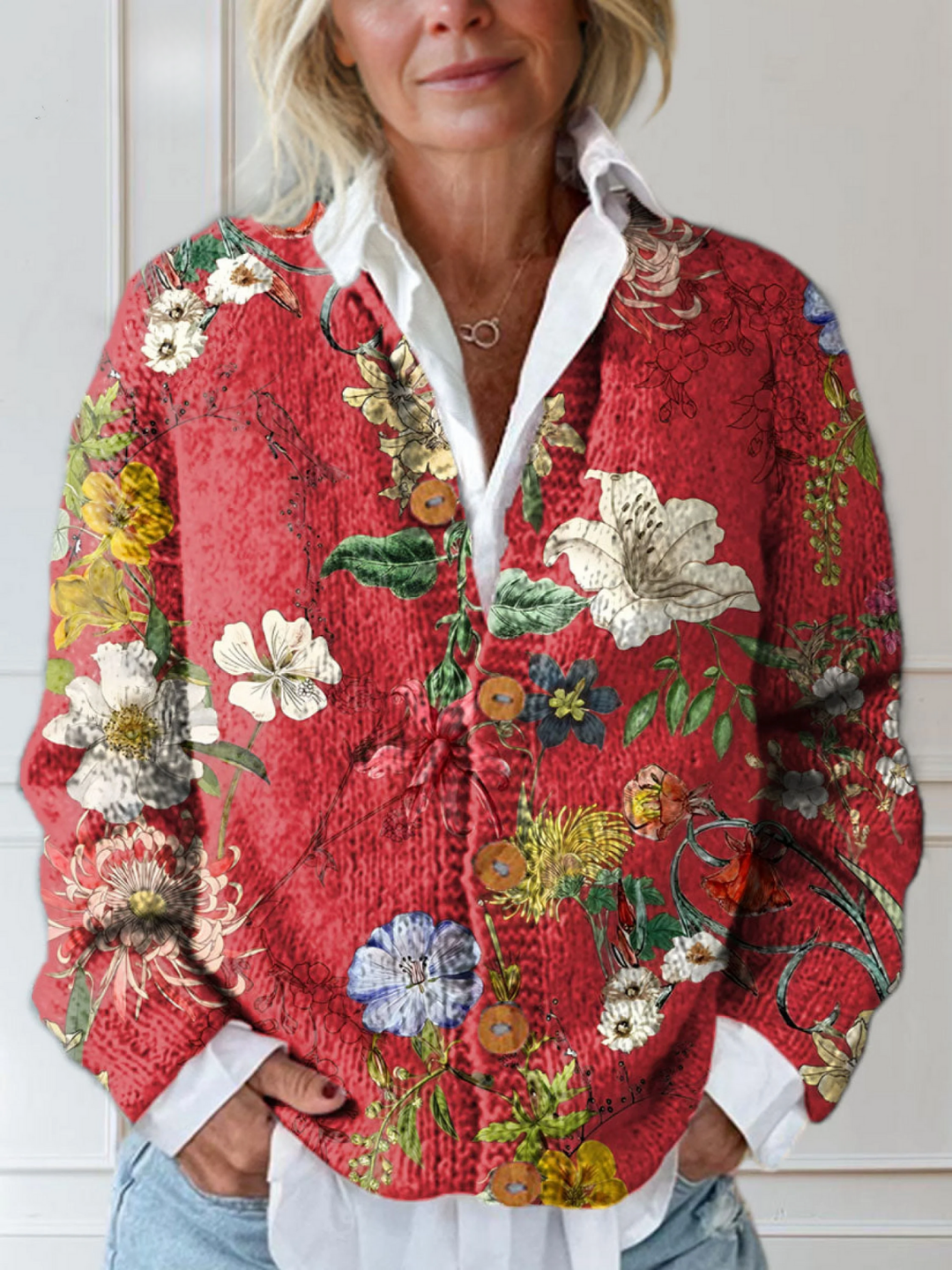 Red vintage floral knit sweater with white collar and button front