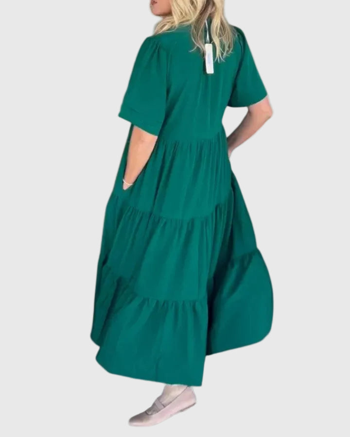 Sabrina tiered relaxed maxi dress in green, back keyhole, tiered hem