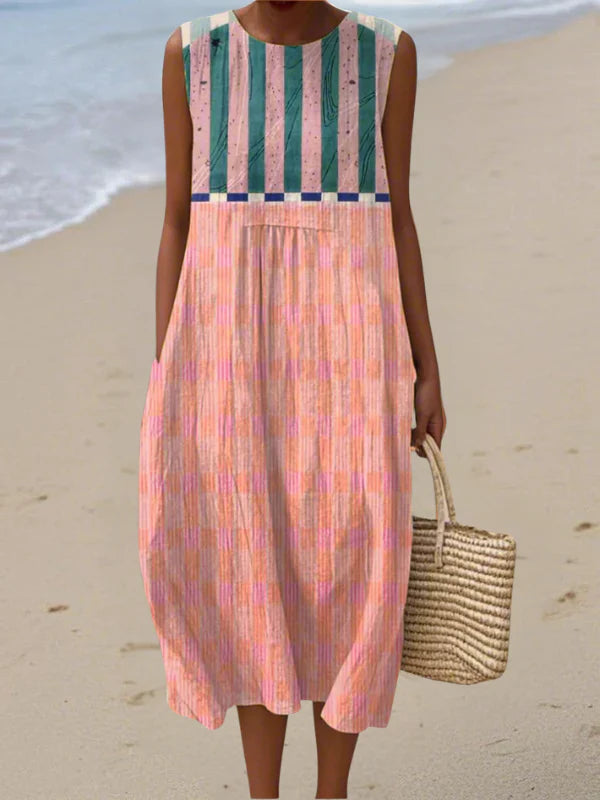 Sleeveless midi dress with multicolor vertical stripes and gathered pleated skirt