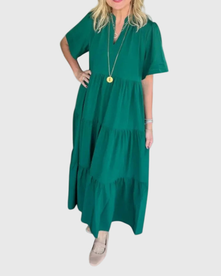 Sabrina tiered relaxed maxi dress in green, elbow-length sleeves, tiered skirt
