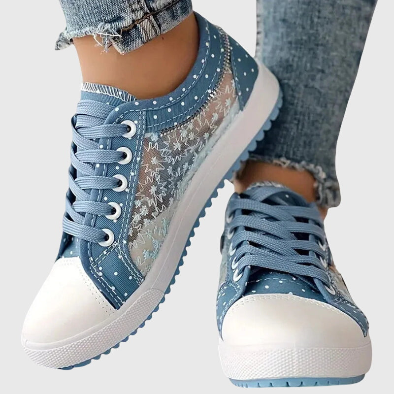 Light blue lace-up casual sneakers showing lace-up front and white sole sidewall