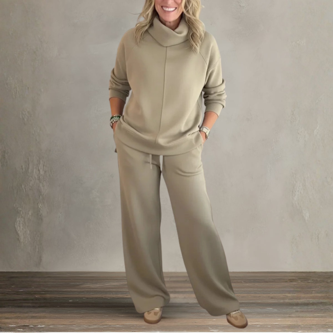 Khaki relaxed lounge set with hooded sweatshirt and wide-leg jogger pants
