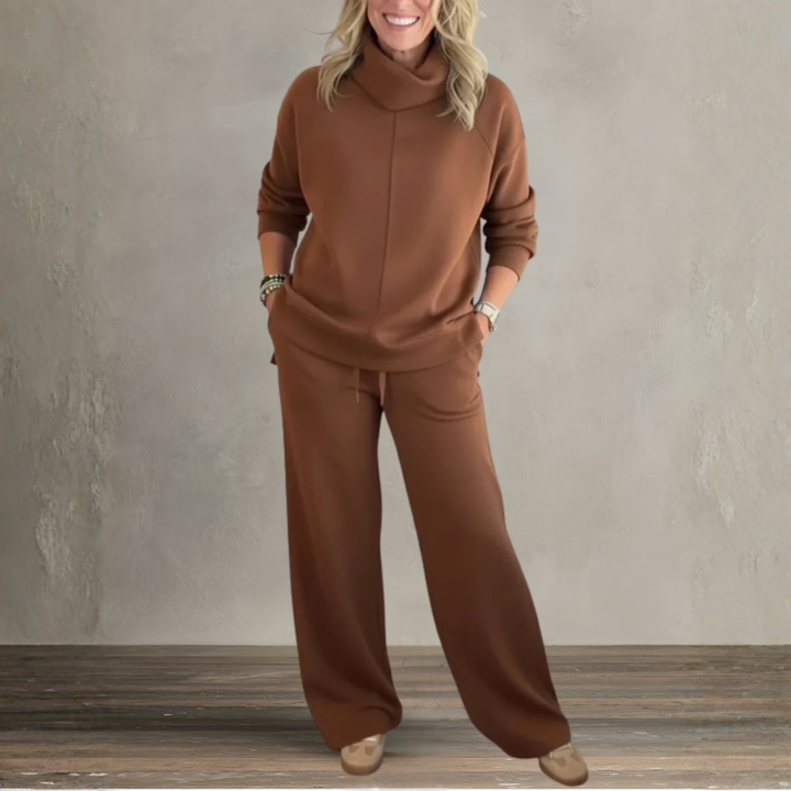 Brown relaxed lounge set with hooded sweatshirt and wide-leg jogger pants