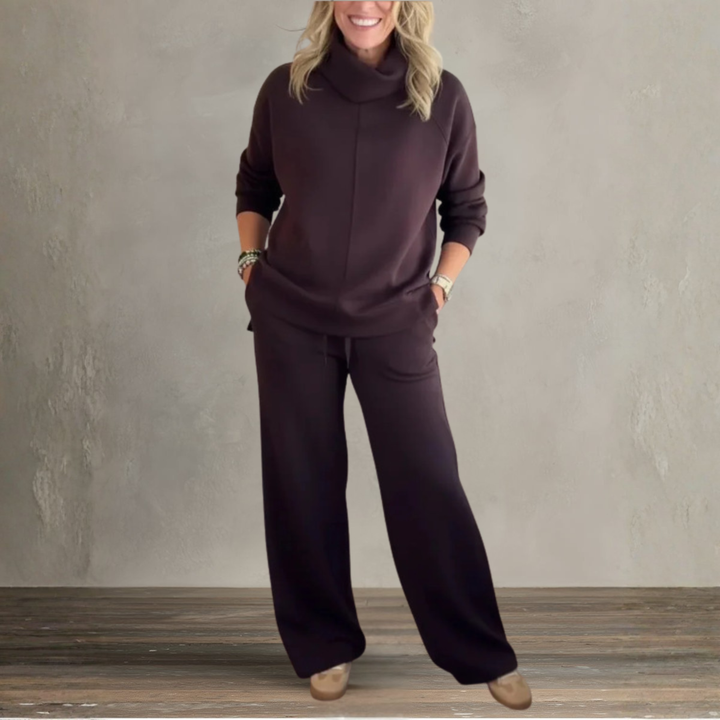 Burgundy relaxed lounge set with hooded sweatshirt and wide-leg jogger pants