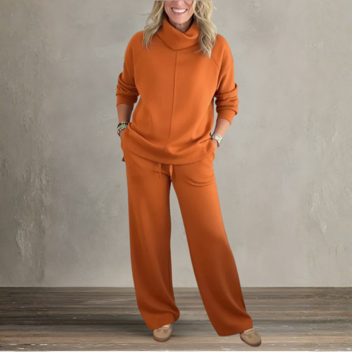 Orange relaxed lounge set with hooded sweatshirt and wide-leg jogger pants