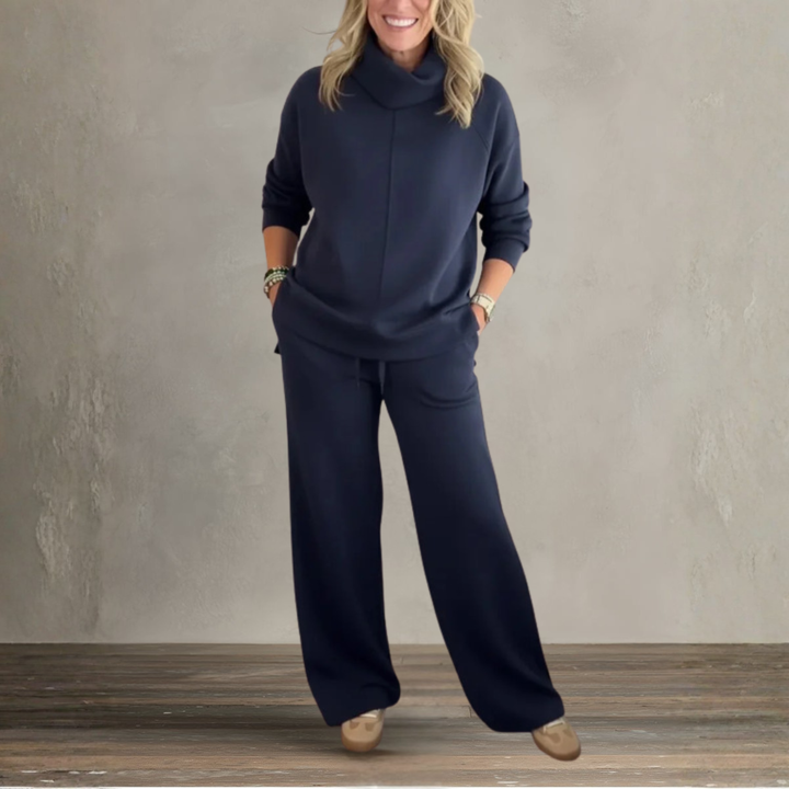 Navy relaxed lounge set with hooded sweatshirt and wide-leg jogger pants