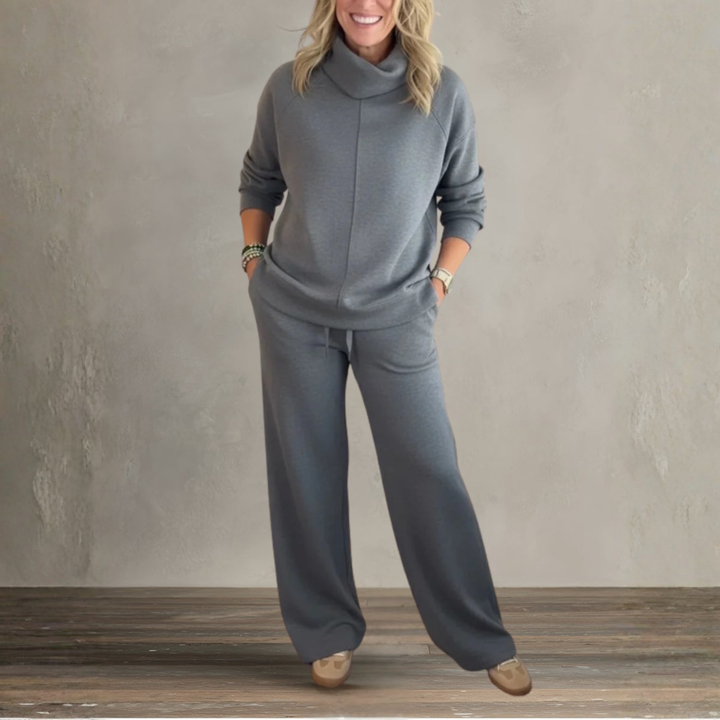 Gray relaxed lounge set with hooded sweatshirt and wide-leg jogger pants
