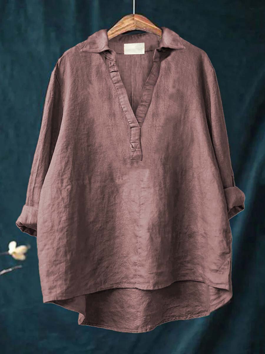 Dusty mauve linen blouse with V-neck and short button placket, relaxed fit
