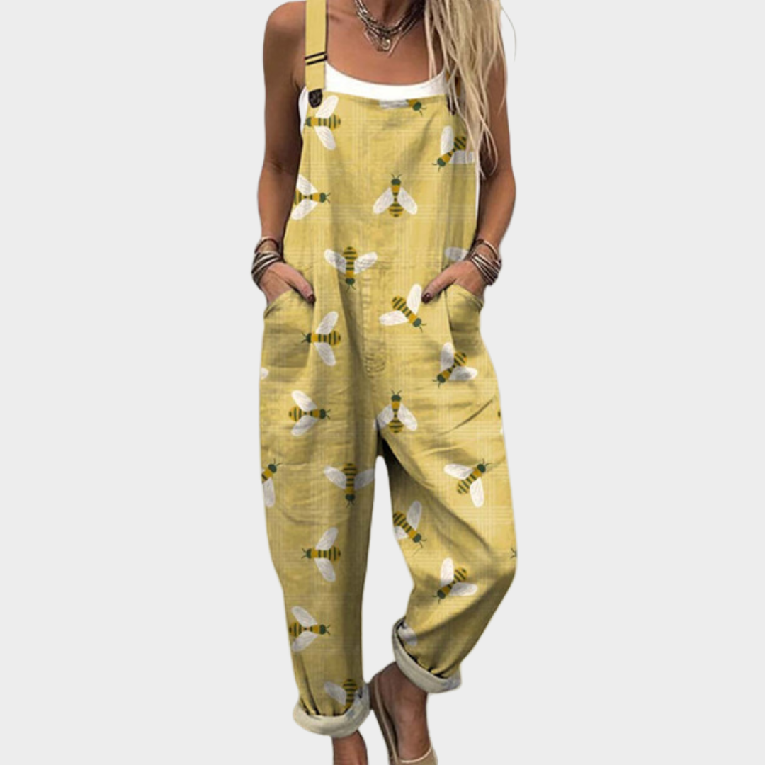 Yellow relaxed-fit overall jumpsuit with bee print, wide legs, adjustable straps