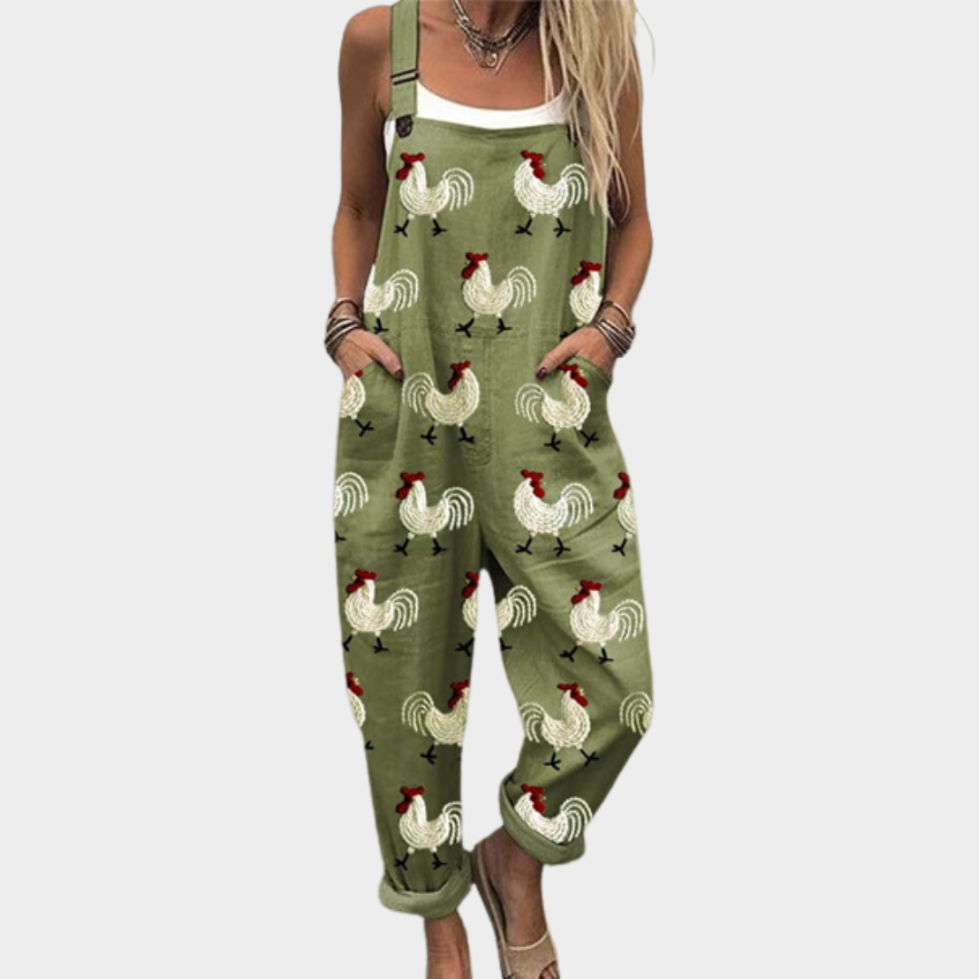 Relaxed fit overall jumpsuit with olive green rooster print, sleeveless wide legs