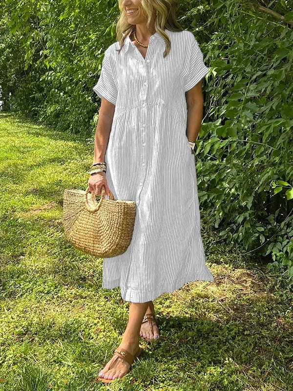 White striped maxi dress with V-neck button front, short sleeves, gathered waist
