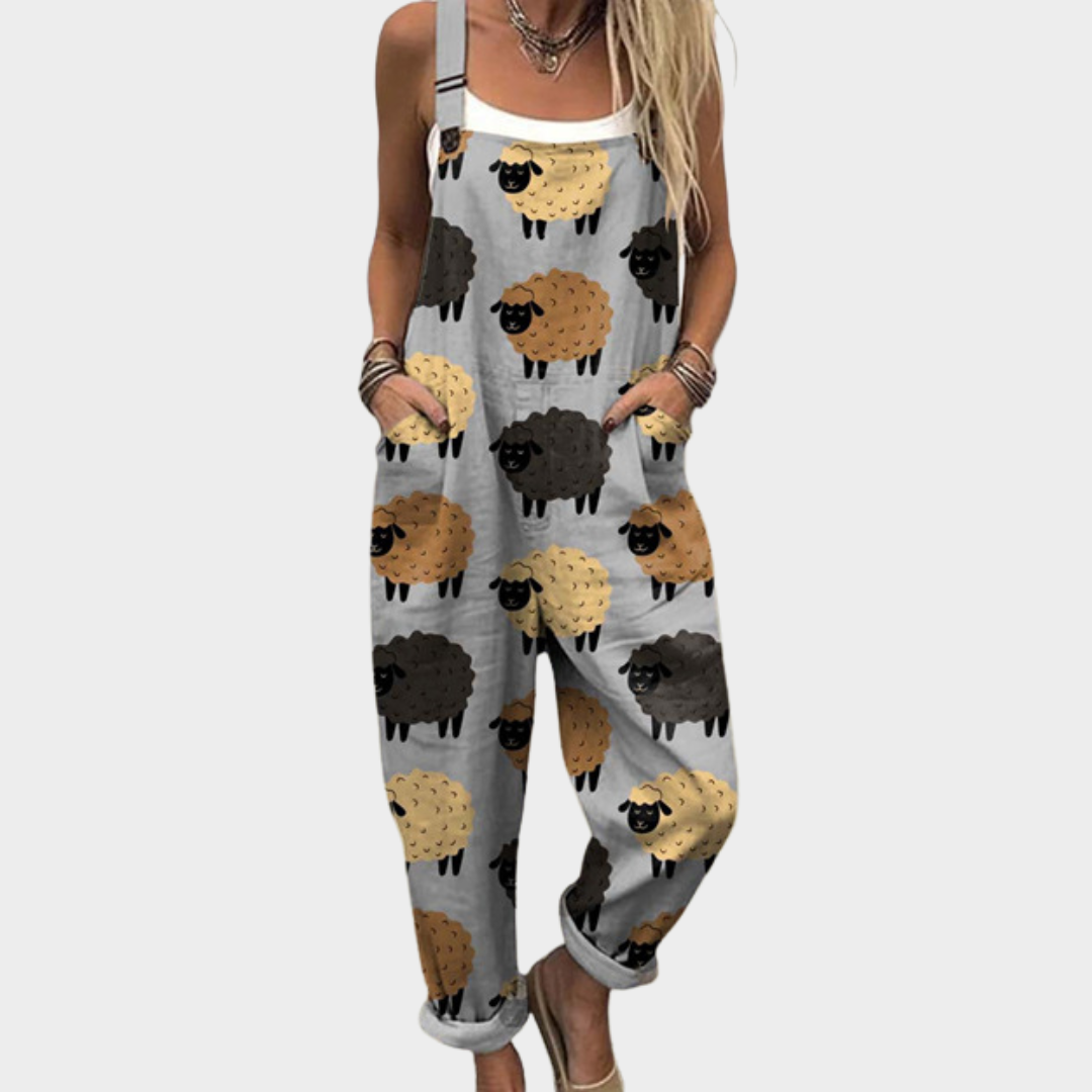 Relaxed fit overall jumpsuit with sheep print, light gray sleeveless straps