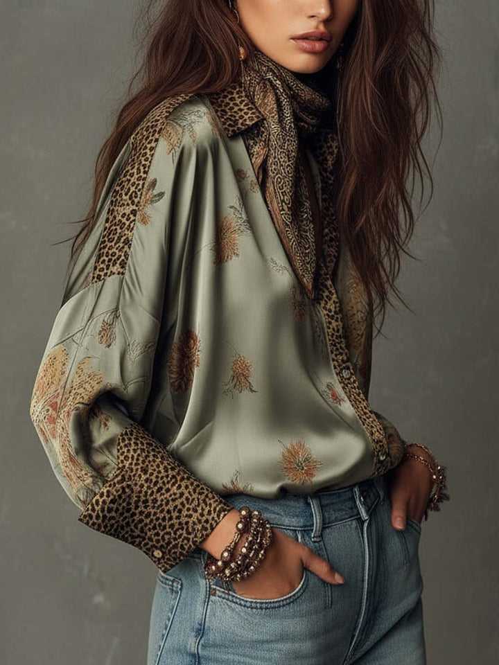 Women’s Satin Floral Shirt Leopard Trim