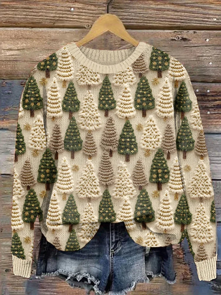 Off-white knit sweater with green tree and star motifs, ribbed crew neck
