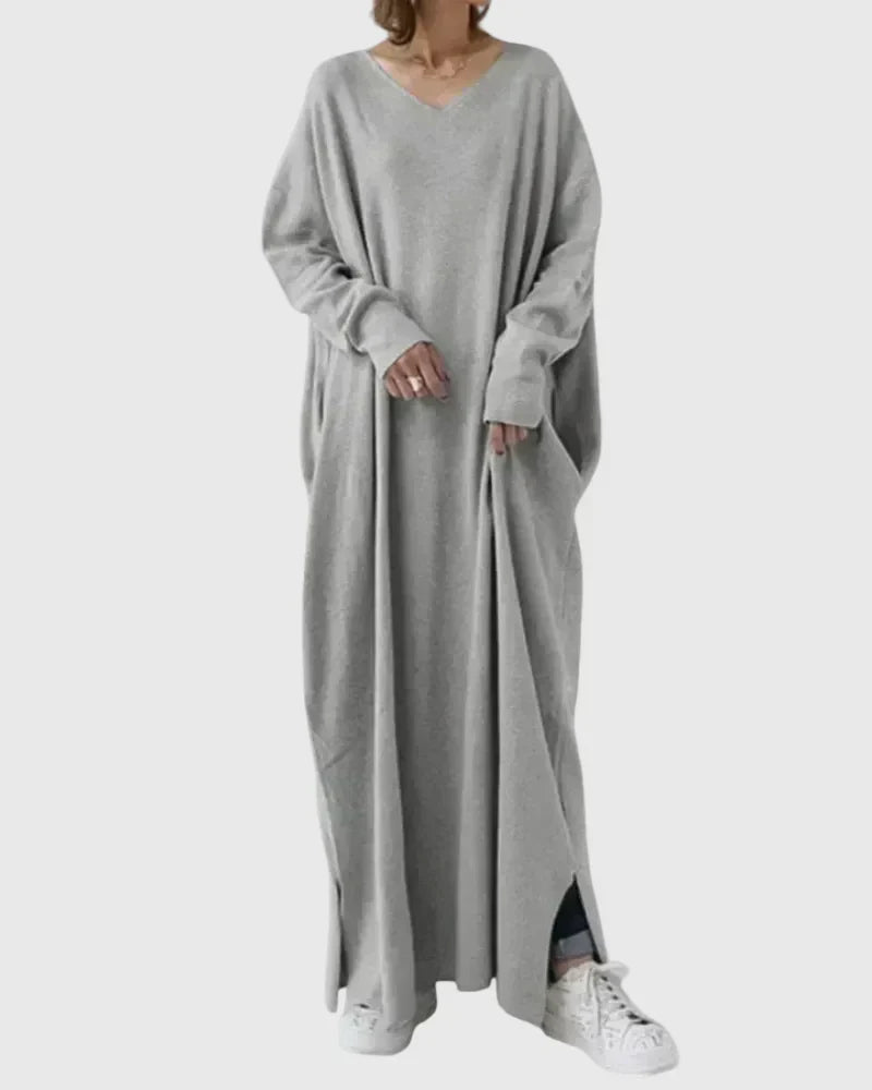 Relaxed cocoon maxi dress, gray, V-neck, long sleeves, side slit hem