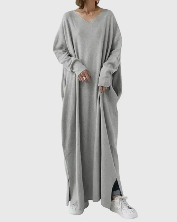 Relaxed cocoon maxi dress, gray, V-neck, long sleeves, side slit hem