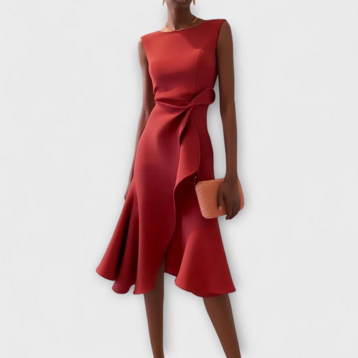 Red asymmetric draped midi dress, sleeveless with knot at waist and flared skirt
