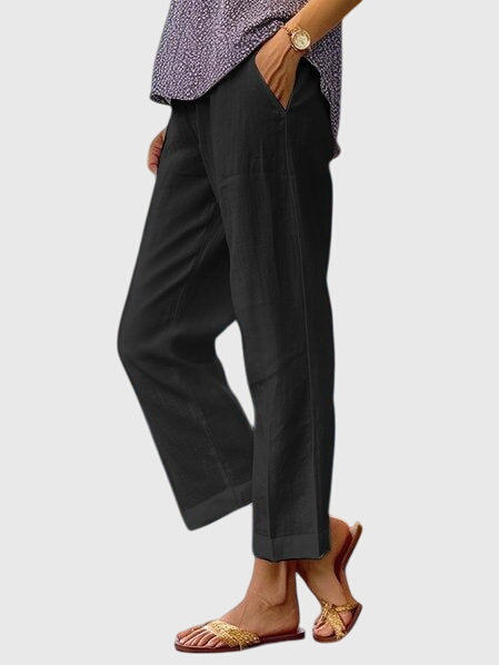 Black relaxed pants with a loose fit, side pockets, and straight cropped ankle hem
