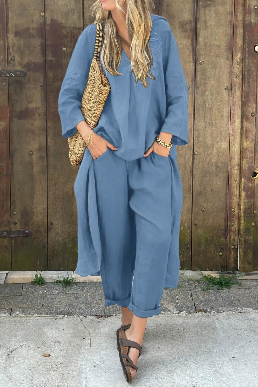Light-blue tunic top and cropped wide-leg pants two-piece lounge set