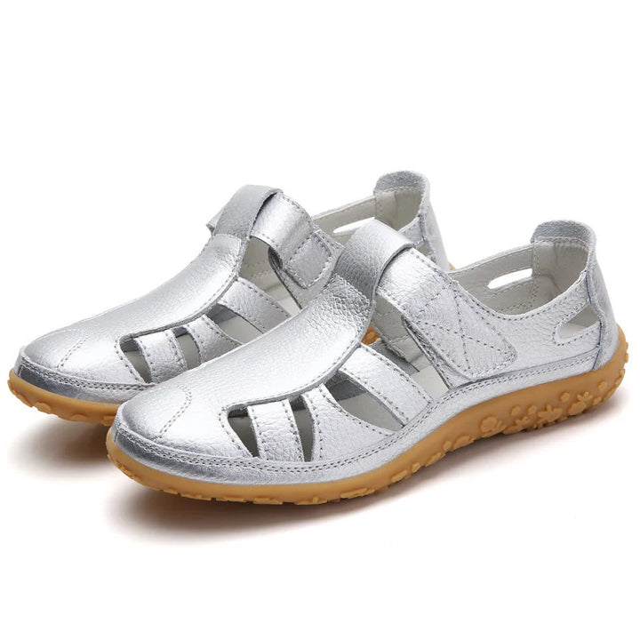 Silver orthopedic anti-slip sandal with hook-and-loop straps and textured rubber sole